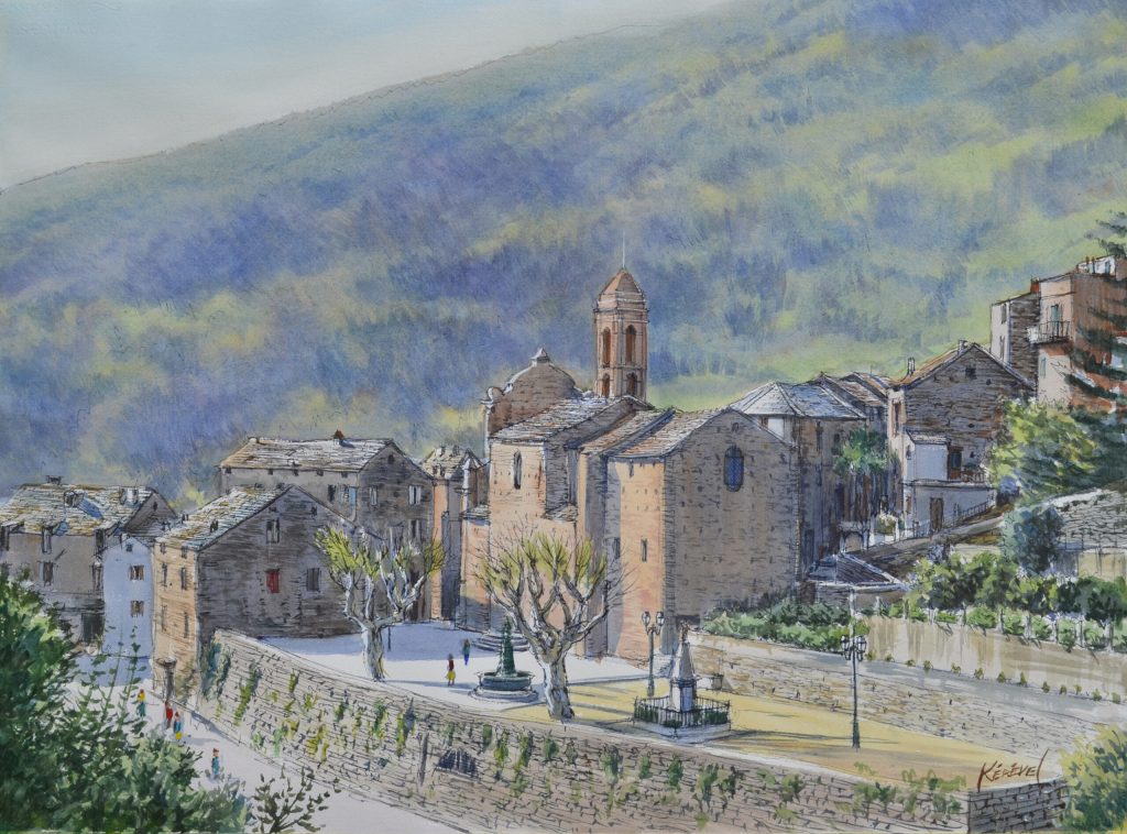 Aquarelle village 56 x 76cm Tiennick Kerevel
